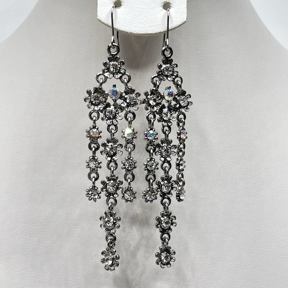Vintage Unsigned Silver Tone White AB Rhinestone Dangle Chandelier Earrings